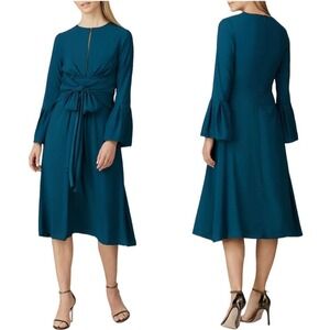Tome Teal Blue Bell Sleeve Tie Waist Keyhole Fit & Flare Midi Dress Size 2